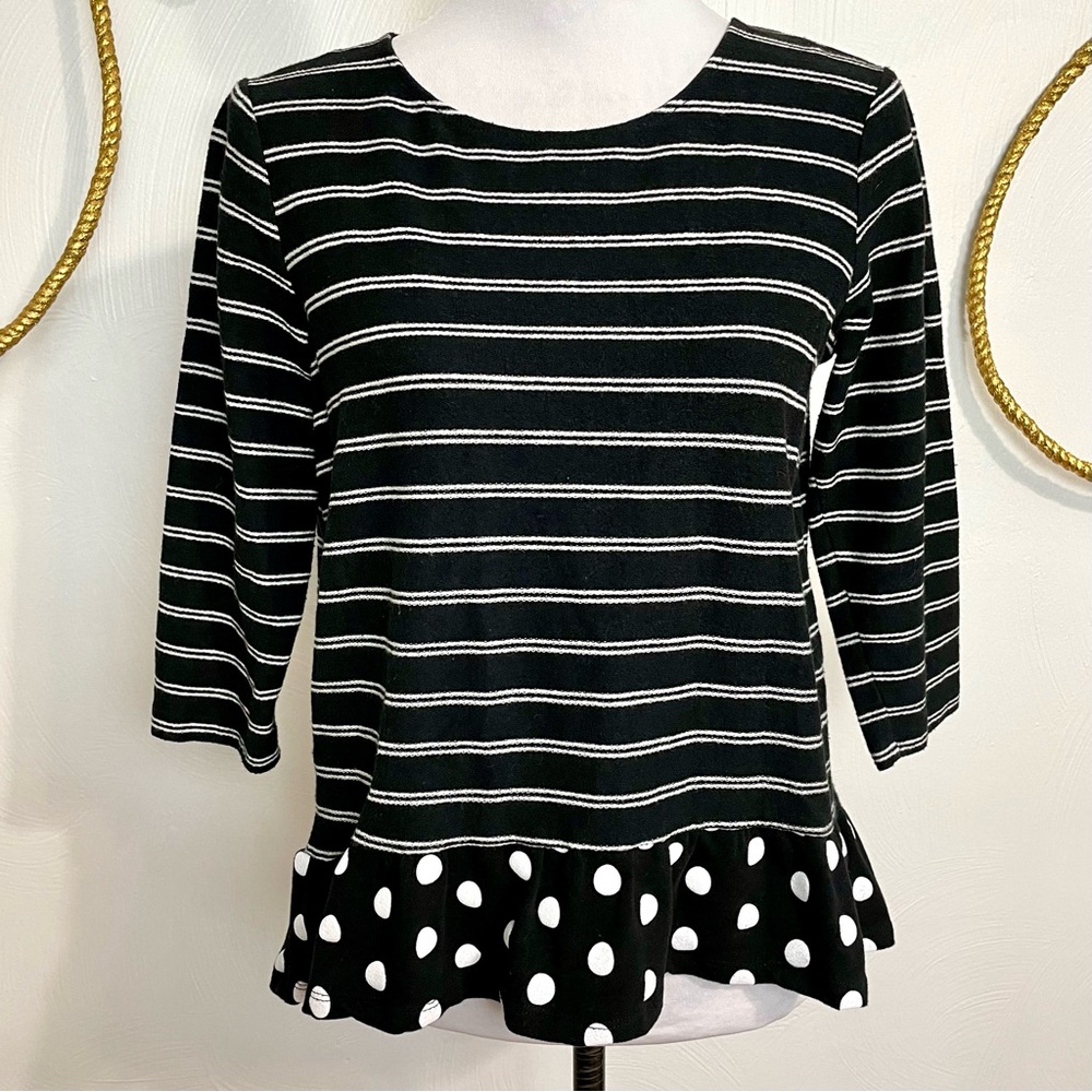 Mixed media black & white Stripes & polka dots knit peplum top size small petite